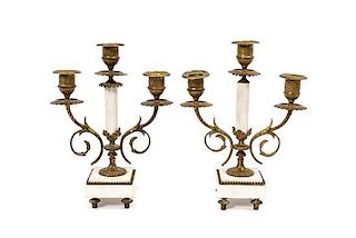 A Pair of French Brass and Marble Three-Light Candelabra, Height 10 inches.