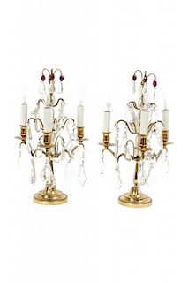 A Pair of French Bronze and Glass Three-Light Girandoles, Height 16 1/4 inches.