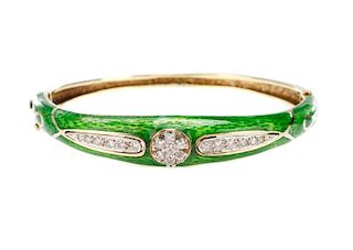 14k Gold, Green Enamel & Diamond Hinge Bracelet