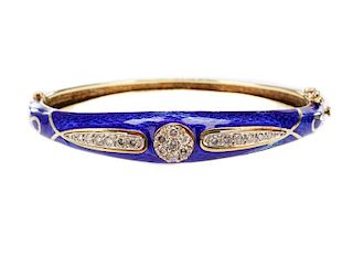 14k Gold, Blue Enamel & Diamond Bracelet