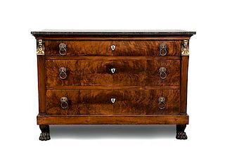 An Empire Style Gilt Metal Mounted Mahogany Commode, Height 34 12 x width 49 x depth 24 1/2 inches.