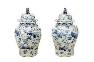 Pair of Large Chinese Blue & White Temple Jars
