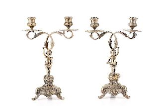 Pair of Gilded Sterling Figural Putti Candelabras