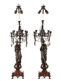 Pair, French Neoclassical Bronze Candelabrum Lamps