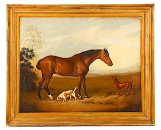 British School, "Horse and Hunting Dogs", Oil