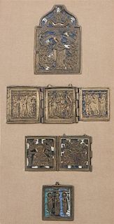 Four Eastern European Enameled Bronze Icons, Overall height 17 1/4 x width 9 3/4 inches.