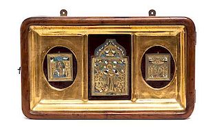 Three Eastern European Enameled Bronze Icons, Overall width 13 1/2 inches.