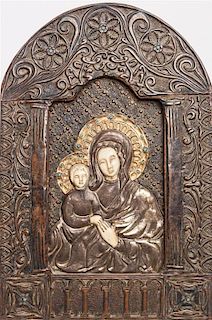 A European Silvered Metal and Bone Inset Icon, Height 14 1/2 x width 9 3/4 inches.