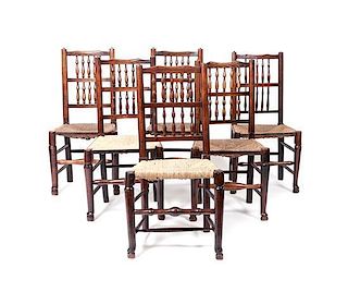 A Collection of Six English Oak Spindle Back Side Chairs, Height 37 1/2 inches.