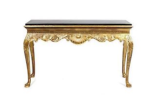 A Pair of Irish Georgian Style Giltwood Console Tables, Height 33 1/4 x width 53 1/2 x depth 18 inches.