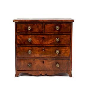 A Miniature English Walnut Chest of Drawers, Height 14 1/2 x width 14 1/2 x depth 7 1/2 inches.