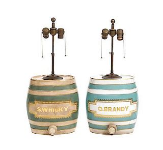 A Pair of English Liquor Ceramic Flasks Mounted as Lamps, Height 24 1/4 inches.