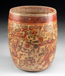 Rare Maya Naranjo Polychrome Cylinder w/ Jaguar God