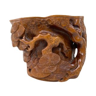 Chinese Carved High Relief Horn Libation Cup