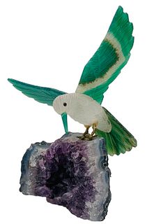 Amazonite Hummingbird on Purple Amethyst Geode