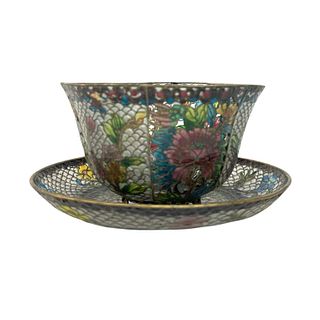 Antique Plique-A-Jour Floral Enameled Cup & Saucer