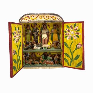 Spanish Folk Art Religious Wooden Shrine Cabinet