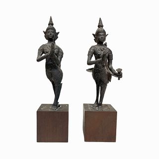 Pair Of Thai Bronze Khon Theatre Dancer Sculptures