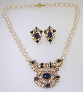 Vintage 18k Yellow Gold Sapphire Diamond Pearl SET