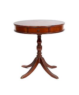 A Regency Style Mahogany Drum Table, Height 29 x diameter 28 inches.