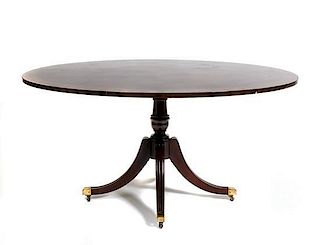 A Regency Style Round Mahogany Dining Table, Height 30 x diameter 60 inches.