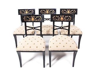 A Set of Ten Regency Style Black-Painted and Parcel Gilt Dining Chairs, Height 35 1/2 inches.