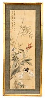 Signed Chinese Painting on Silk, Chicks & Flowers
