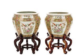 Pair, Large Chinese Rose Canton Planters