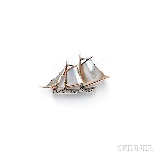 Antique 18kt Gold, Mother-of-pearl, and Diamond Sailboat Brooch