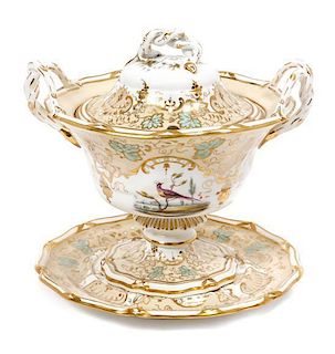 A Davenport Porcelain Covered Sauce Tureen and Stand, Height 7 1/2 inches.