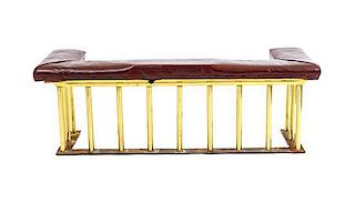 A Brass Club and Leather Upholstered Fire Fender, Width 49 inches.