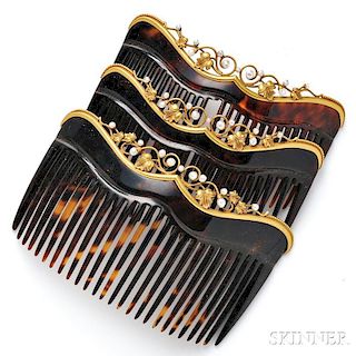 Set of Three Antique 14kt Gold and Pearl Hair Combs