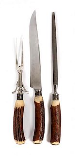 A Horn Handled Three-Piece Carving Set, Length of kniife 13 1/4 inches.