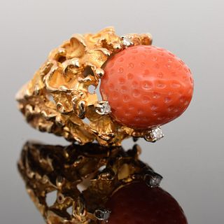 10k Gold, Diamond & Coral Strawberry Ring