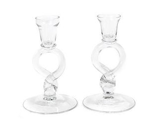 A Pair of Glass Candlesticks, Height 5 3/4 inches.
