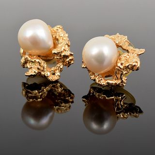 Pair of 14K Gold Nugget & Pearl Earrings