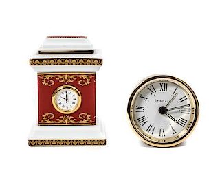 A Set of Two Desk Clocks, Height of first 3 3/8 inches.