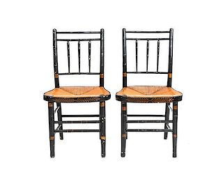 A Pair of American Faux Bamboo Side Chairs, Height 34 3/4 x width 18 3/4 x depth 15 7/8 inches.