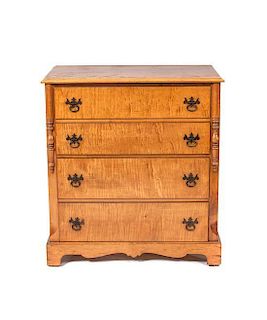 * An American Tiger Maple Chest of Drawers, Height 37 1/2 x width 34 x depth 19 1/4 inches.