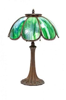 * An American Slag Glass Table Lamp, Height 21 x diameter of shade 14 inches.