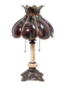 * An American Slag Glass and Onyx Table Lamp, Height 21 1/4 x diameter of shade 12 1/4 inches.