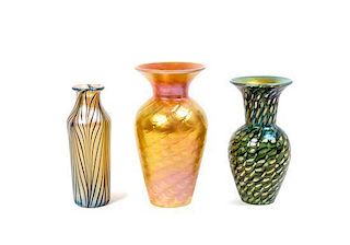 A Group of Three Lundberg Glass Vases, Height of tallest 8 inches.