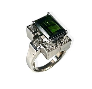 Deco Style Green Tourmaline Ring