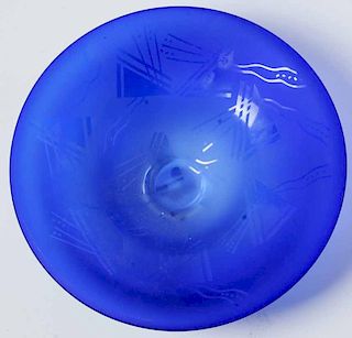 Etched Cobalt Glass Decorated Bowl