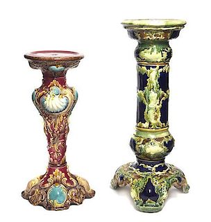 Two Majolica Pedestals, Height of taller 28 1/4 inches.