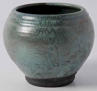 Raku Fired Green and Bronze Vase