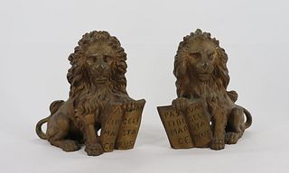 An Antique Pair of French Bronze Lions.