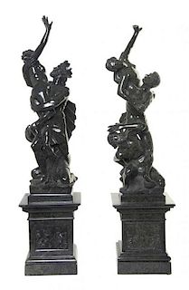 A Pair of Continental Marble Figural Groups, Height overall 38 1/2 inches.
