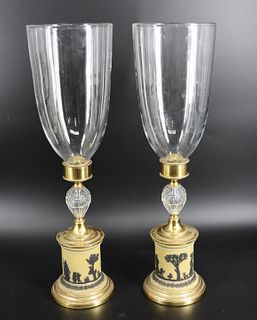 A Pair Of Wedgwood Style Hurricane llamps .