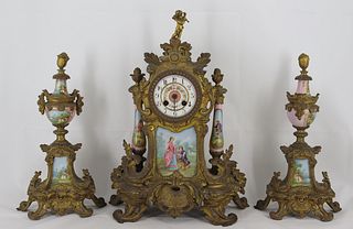 Antique Bronze Clock Garniture Set With